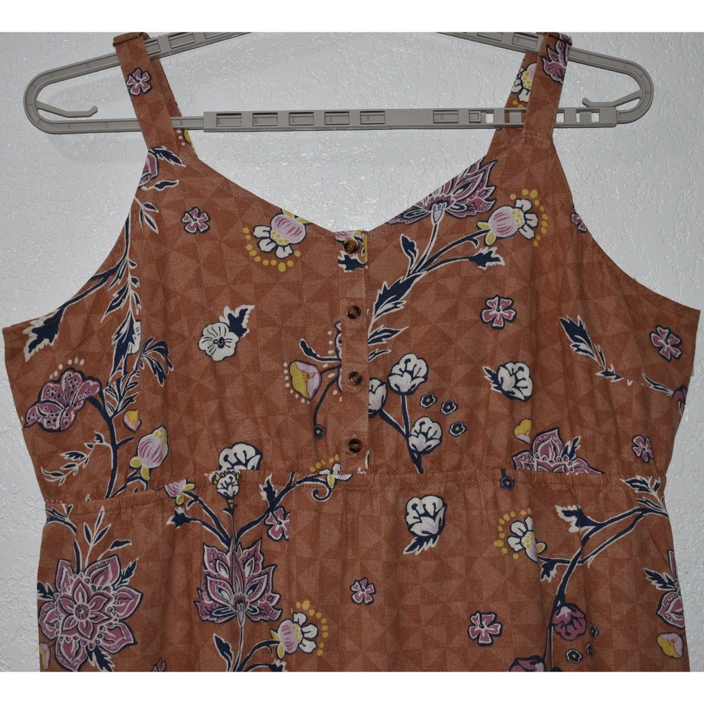 2X Midi Tiered Dress Linen Blend Terracotta Floral Smocked Adjustable Sonoma
